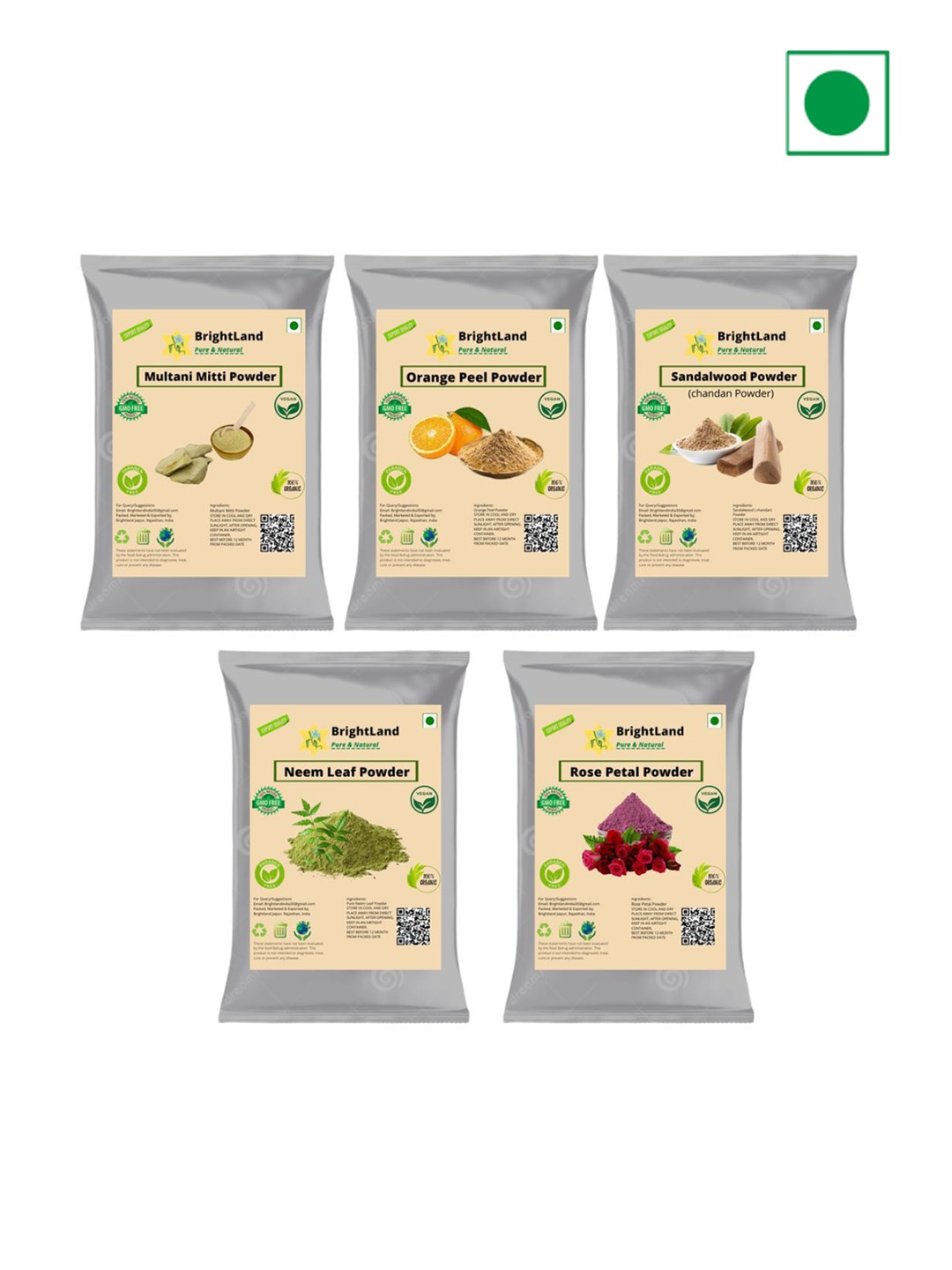 

Brightland Set Of 5 Multani Mitti Orange Peel Sandalwood Neem Leaf & Rose Petal Mask, Multi