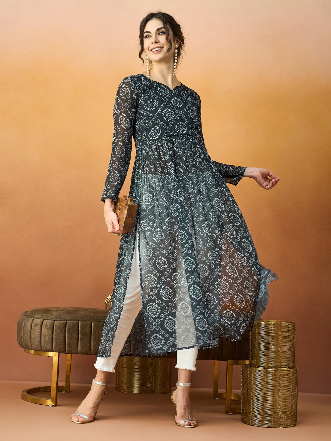 

TextileNow Bandhani Printed Pleated Georgette A-Line Kurta, Black