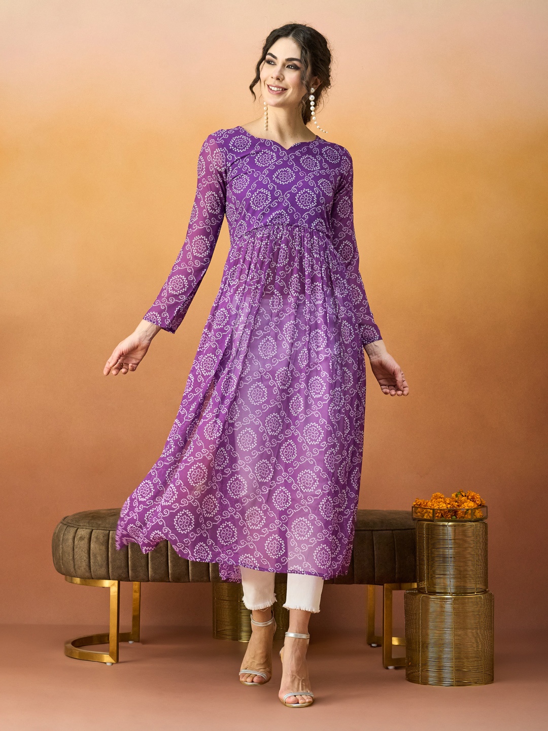 

TextileNow Bandhani Printed Pleated Georgette A-Line Kurta, Purple