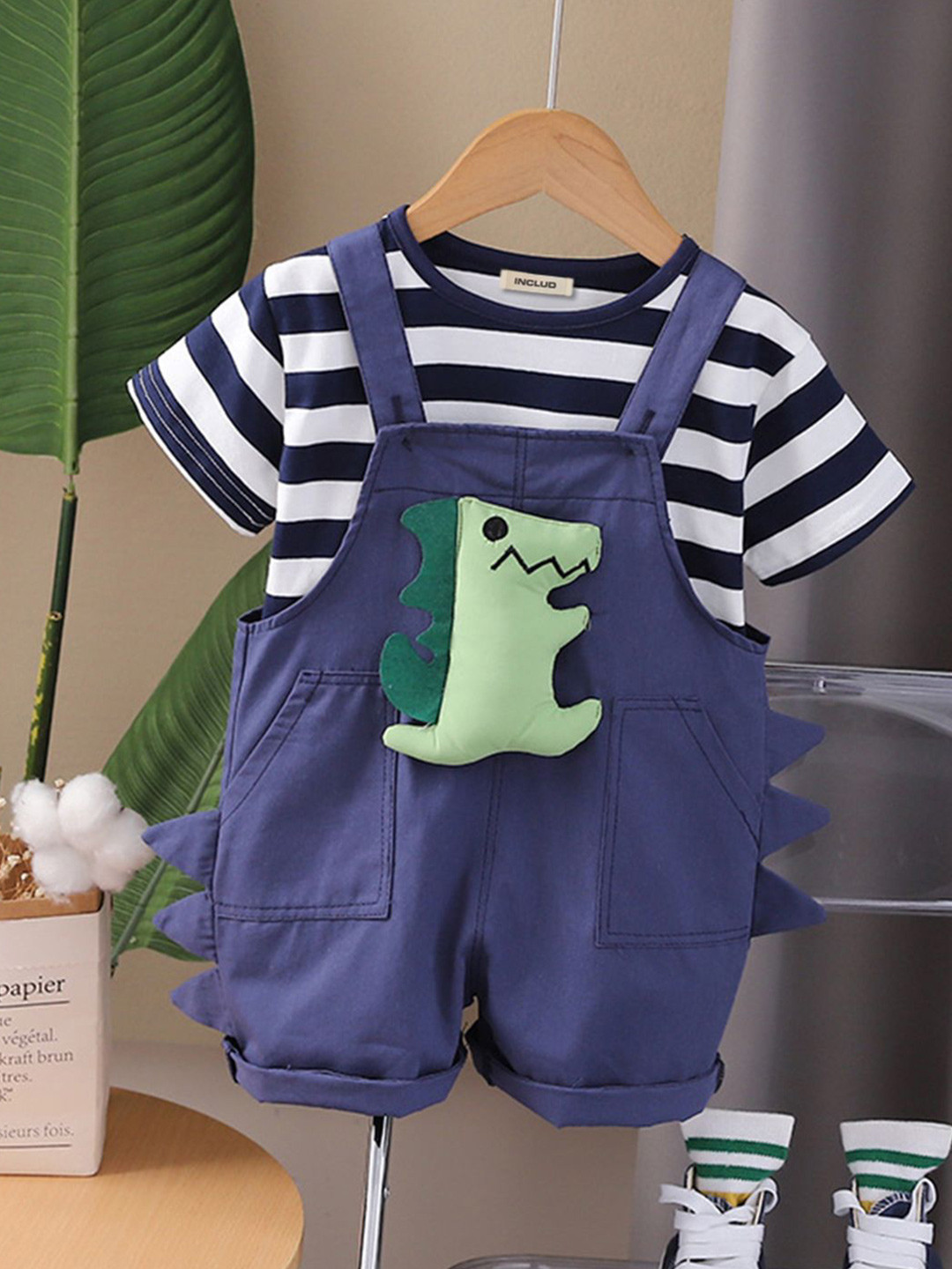 

INCLUD Boys Striped T-shirt with Straight Leg Dungarees, Blue