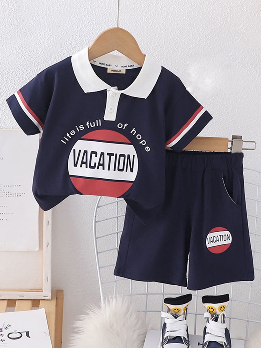 

INCLUD Boys Printed Shirt Collar T-shirt with Shorts, Blue
