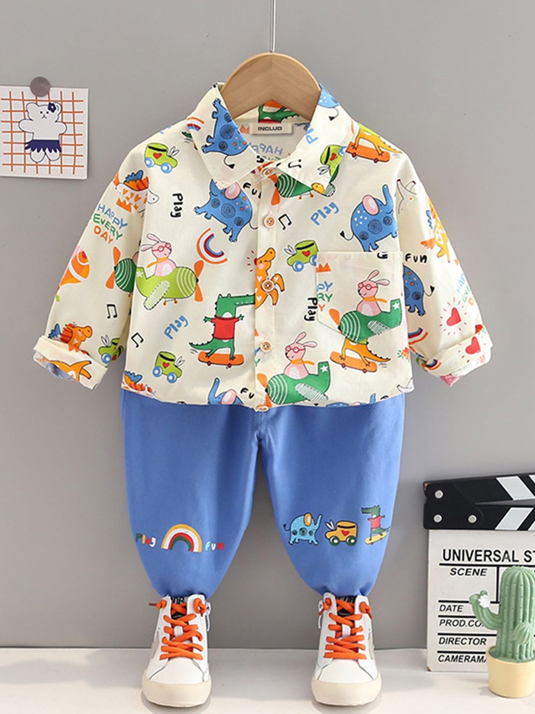 

INCLUD Boys Printed Long Sleeves Shirt with Trousers, Blue