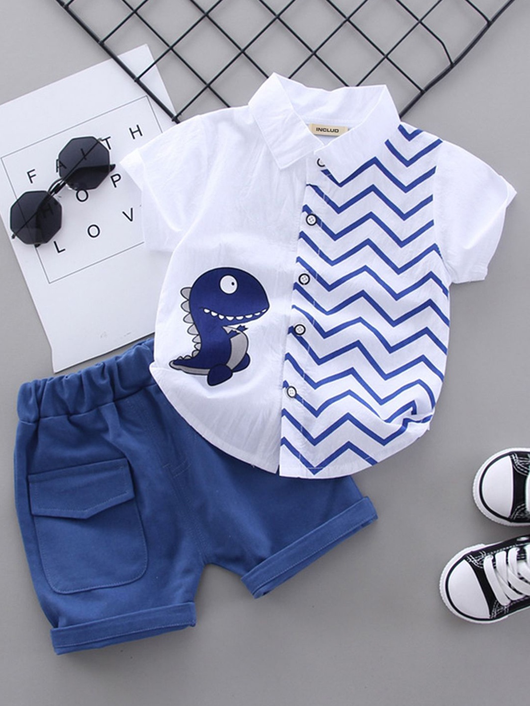 

INCLUD Boys Printed Shirt with Shorts, White