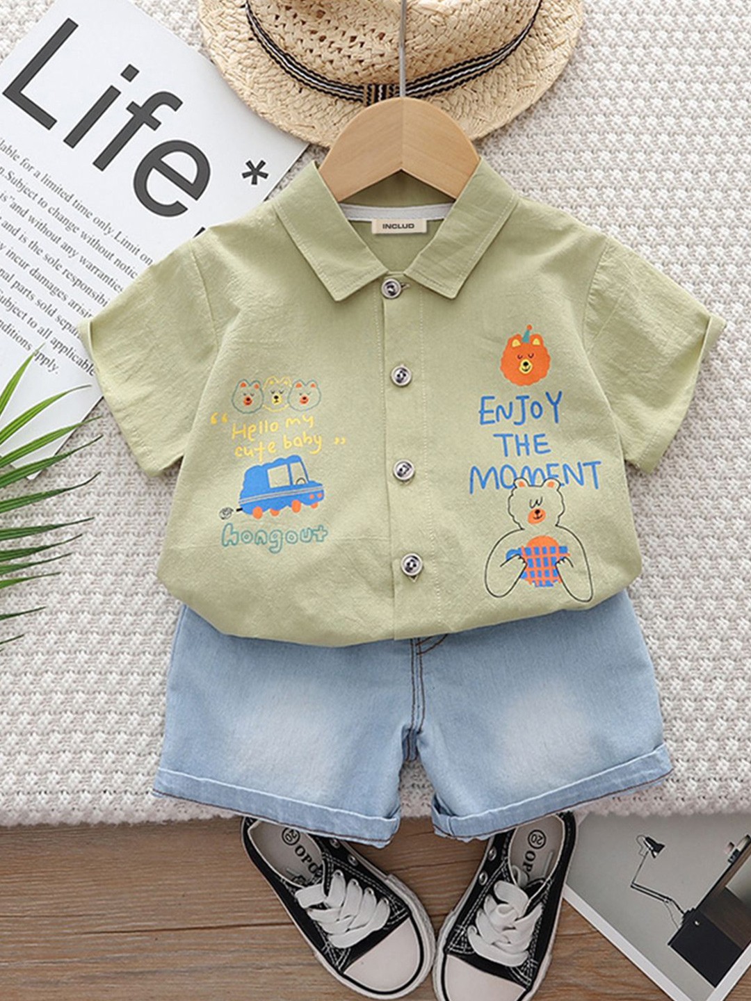 

INCLUD Boys Printed Shirt with Shorts, Green