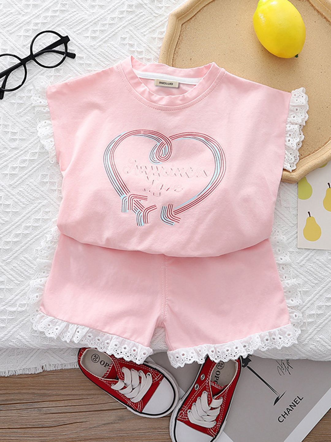 

INCLUD Girls Printed T-shirt with Shorts, Pink