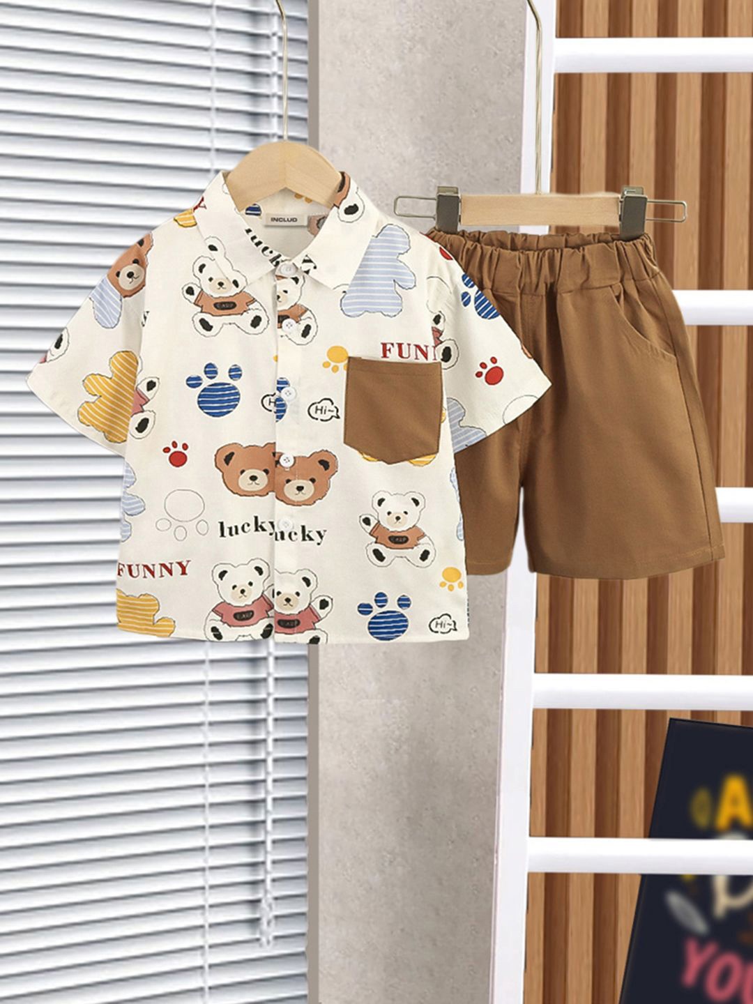 

INCLUD Boys Printed Shirt with Shorts, Brown