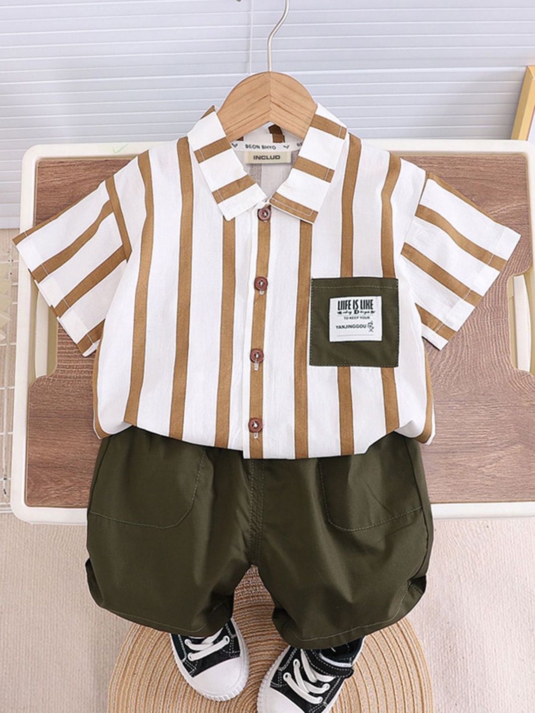 

INCLUD Boys Striped Shirt With Shorts, Beige