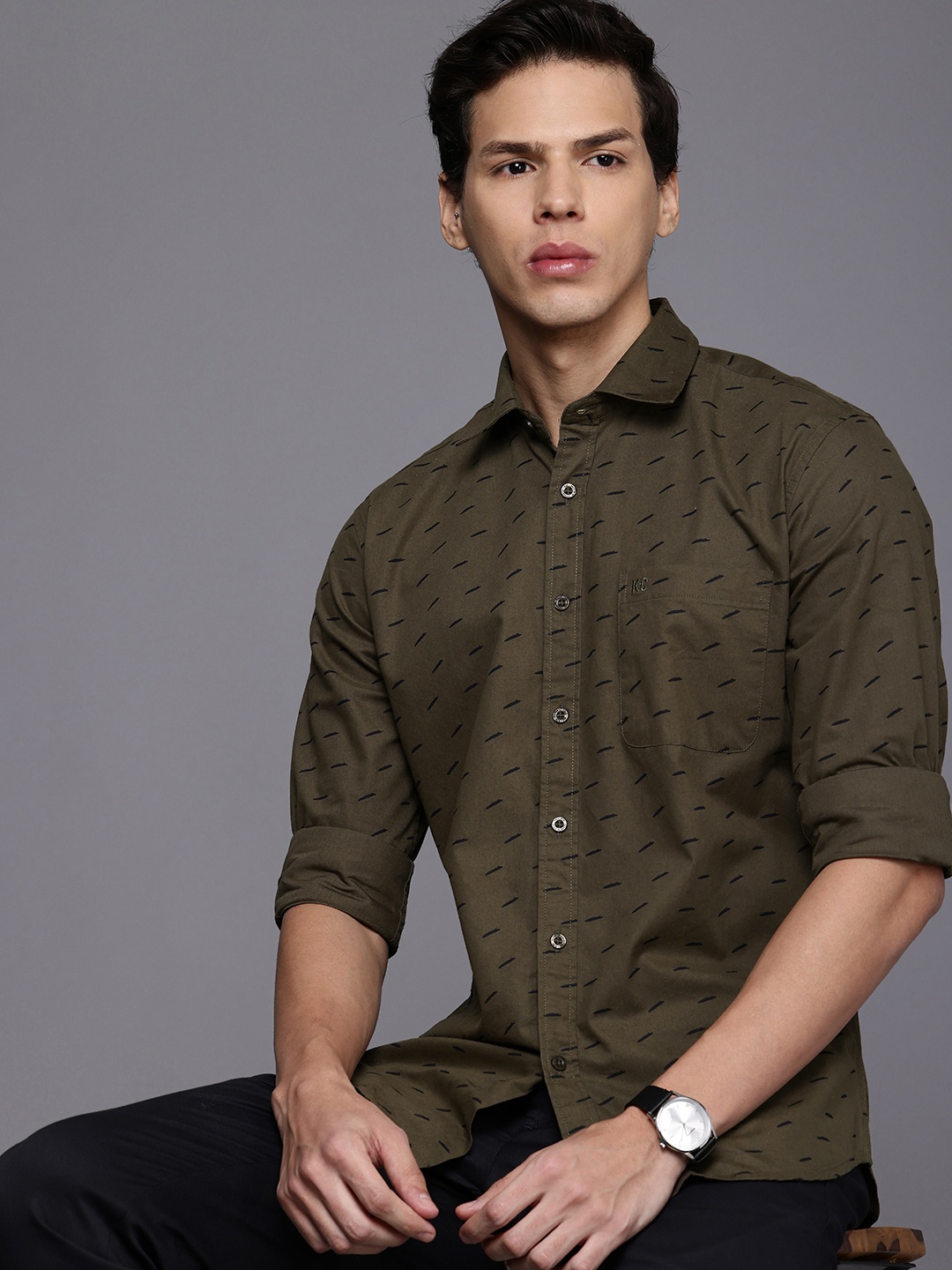 

Kenneth Cole Men Premium Slim Fit Printed Pure Cotton Casual Shirt, Olive