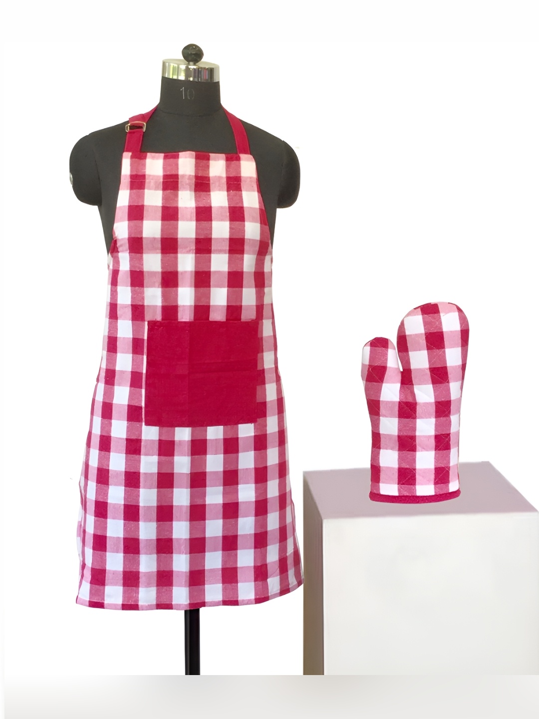 

Lushomes White & Pink 2 Pieces Checked Cotton Apron Set, Purple
