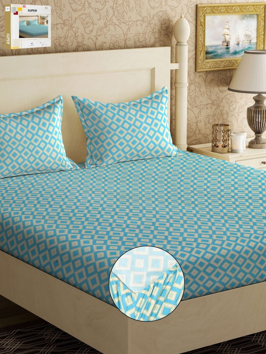 

KLOTTHE Turquoise Blue Geometric 300 TC Fitted Double King Bedsheet With 2 Pillow Covers