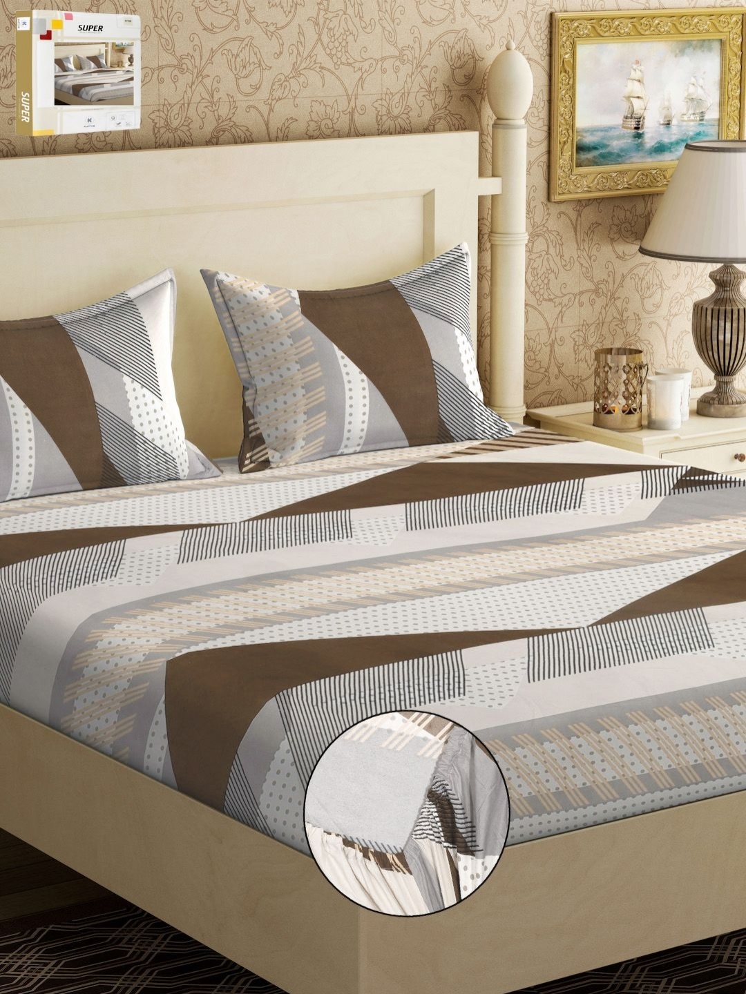 

KLOTTHE Brown & White Geometric 300 TC Fitted Double King Bedsheet With 2 Pillow Covers
