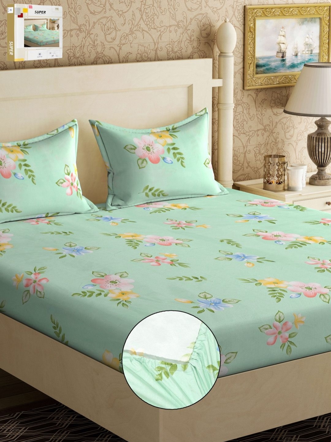

KLOTTHE Green & Pink Floral Printed 300TC Fitted Double King Bedsheet & Pillow Covers