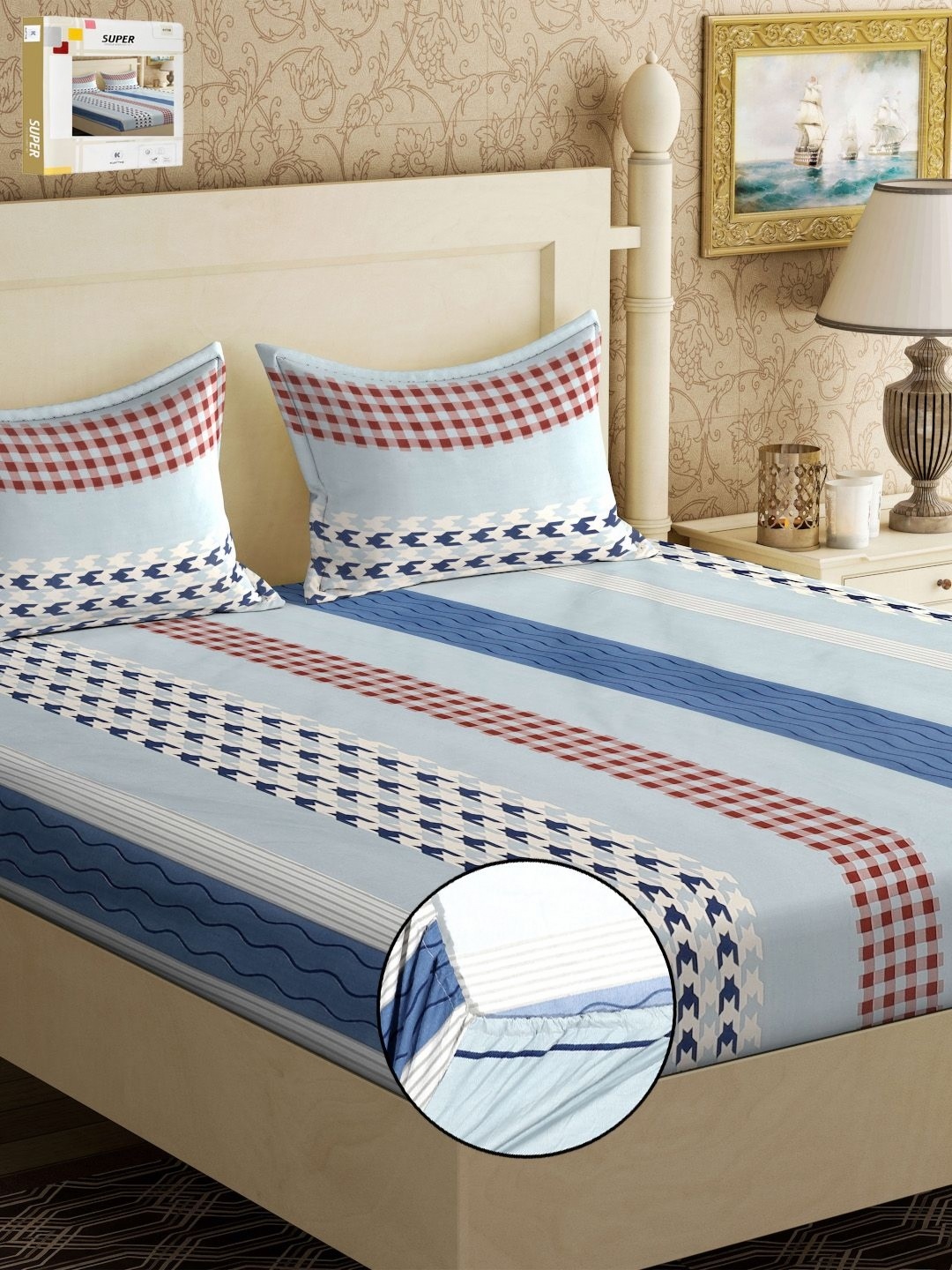 

KLOTTHE White & Blue Geometric 300 TC Fitted Double King Bedsheet With 2 Pillow Covers