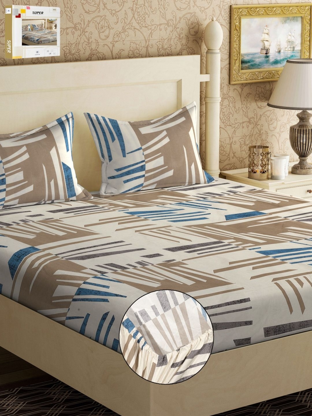 

KLOTTHE White & Brown Abstract 300 TC Fitted Double King Bedsheet With 2 Pillow Covers