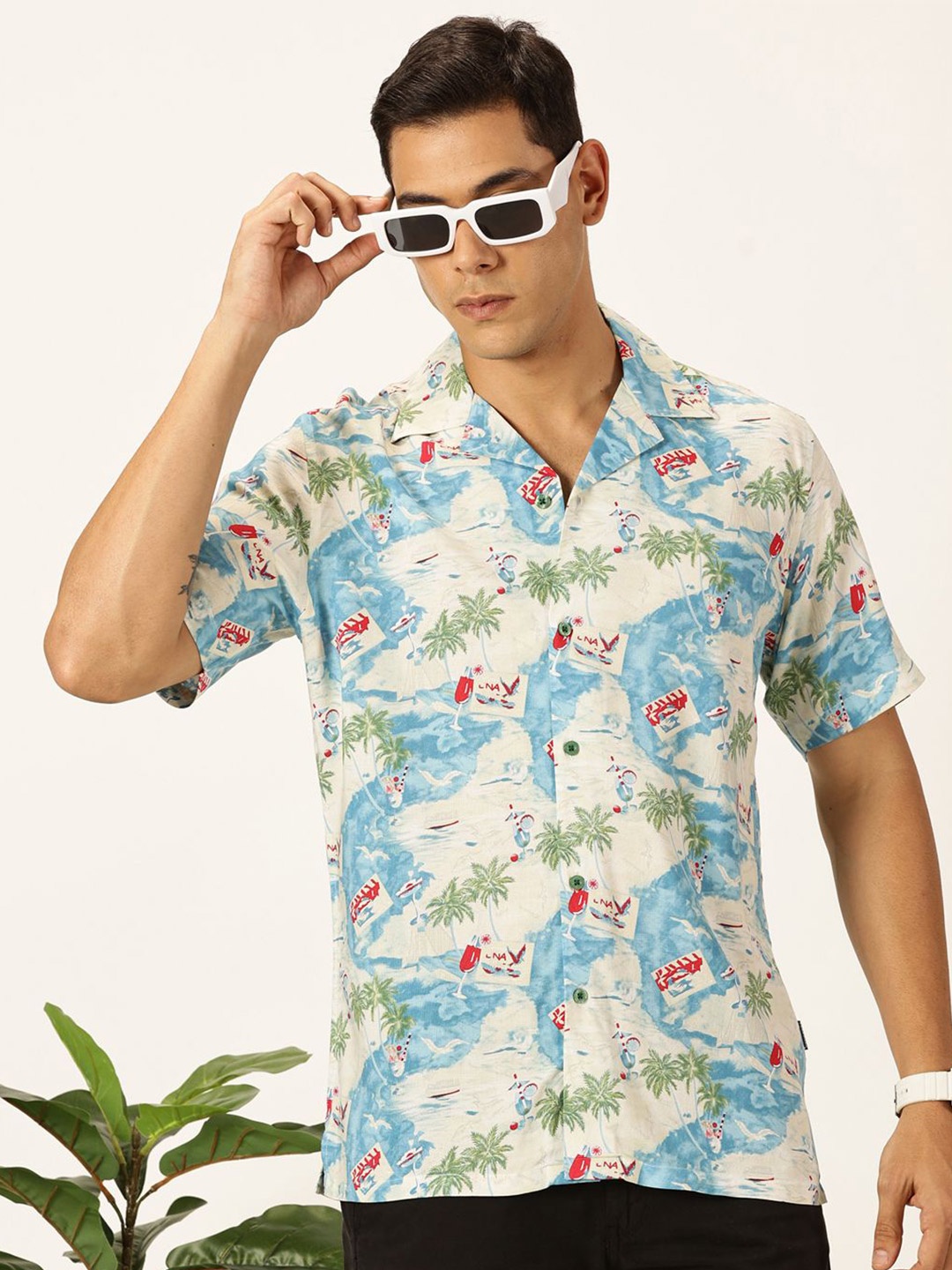 

Provogue Men Premium Slim Fit Tropical Printed Casual Shirt, Cream