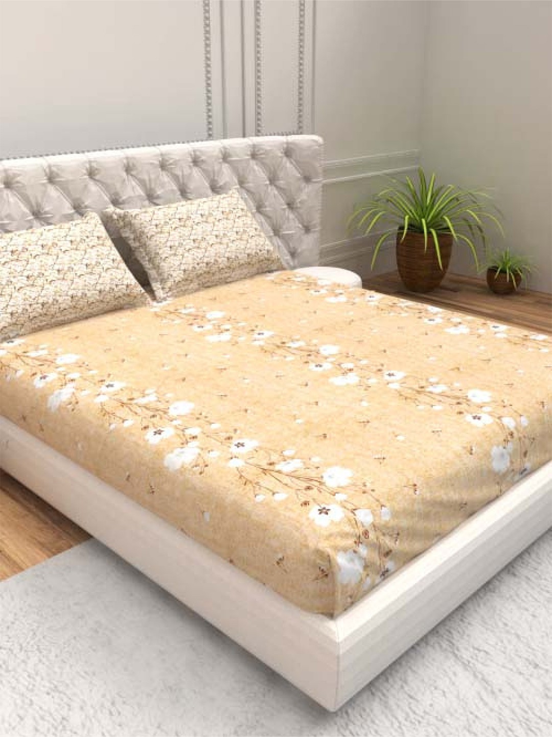 

THE WHITE MOSS Gold-Toned Floral 220 TC Pure Cotton Queen Bedsheet & 2 Pillow Covers
