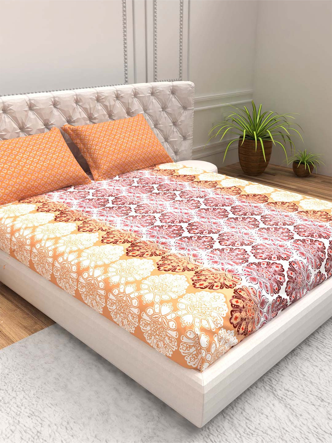 

THE WHITE MOSS Orange & Pink Floral 220 TC Pure Cotton Queen Bedsheet With 2 Pillow Covers