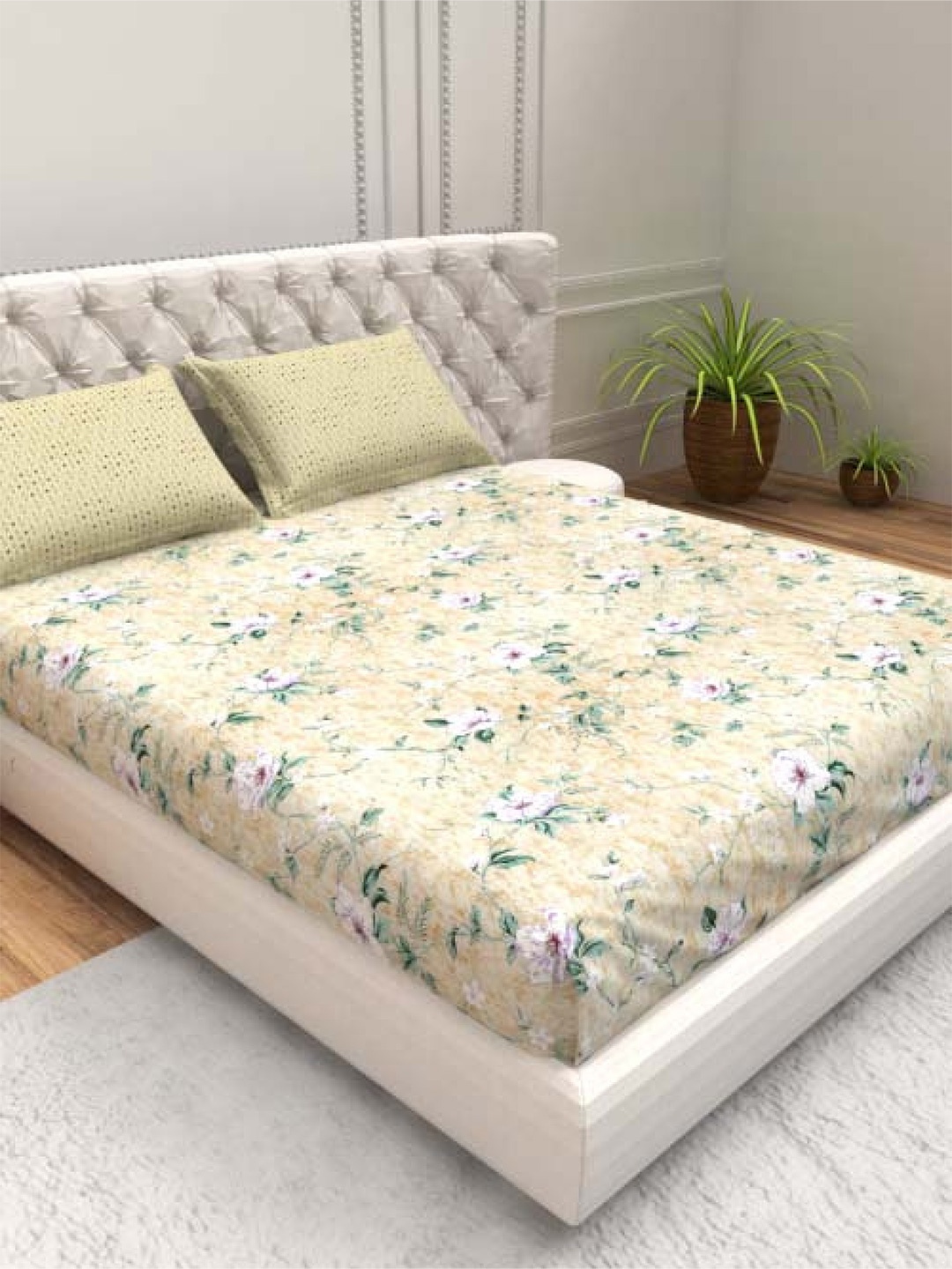 

THE WHITE MOSS Yellow & White Floral 220 TC Pure Cotton Queen Bedsheet & 2 Pillow Covers