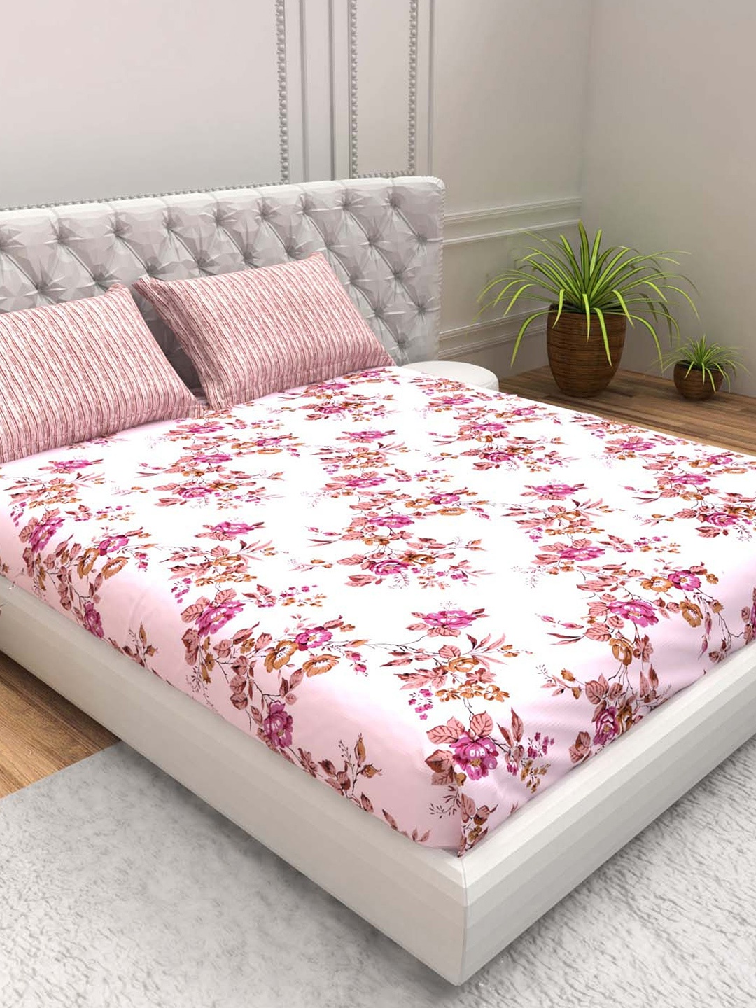 

THE WHITE MOSS Pink & White Floral 220 TC Pure Cotton Queen Bedsheet With 2 Pillow Covers