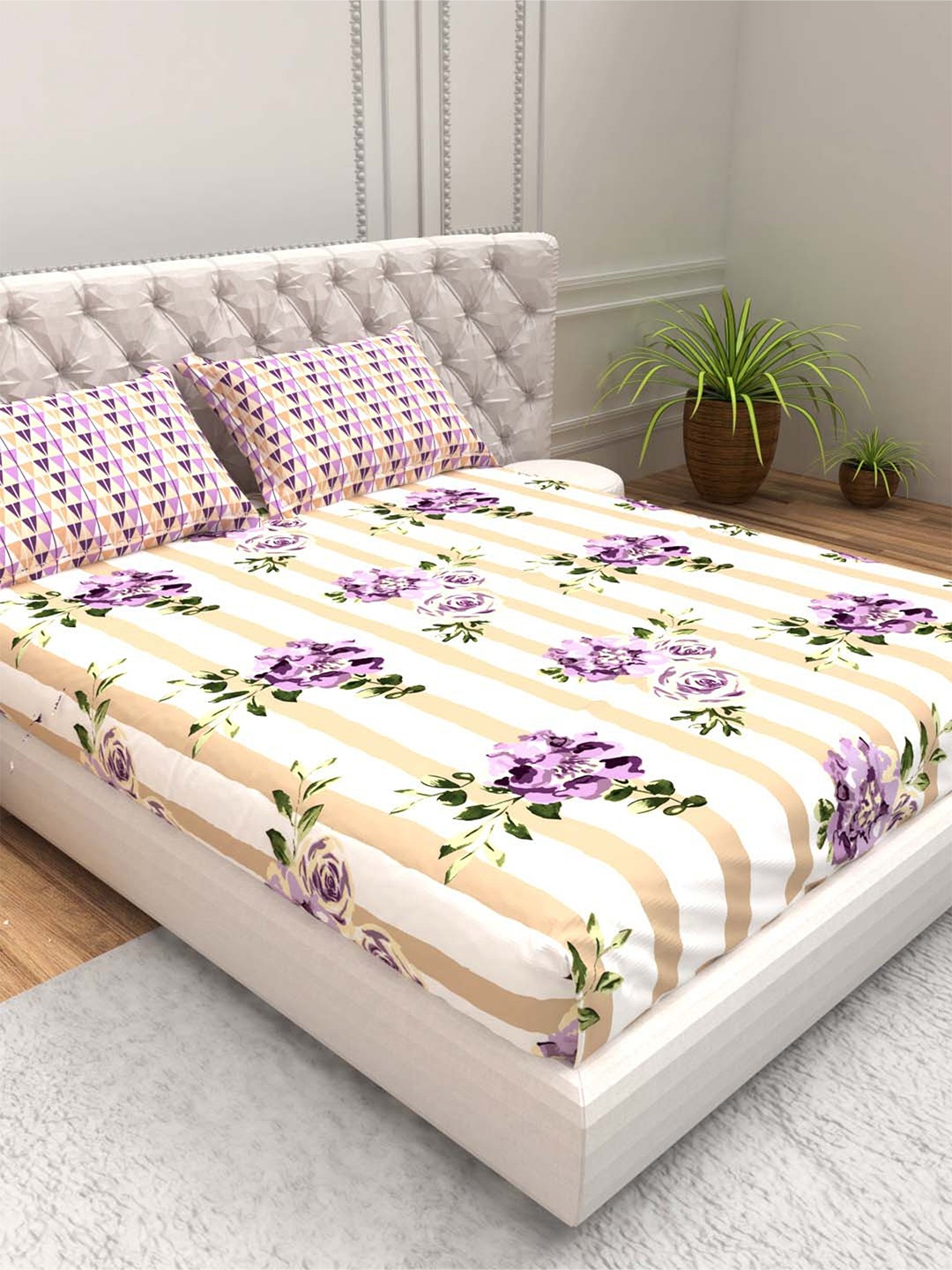 

THE WHITE MOSS Cream-Colour Floral 140 TC Pure Cotton Queen Bedsheet with 2 Pillow Covers