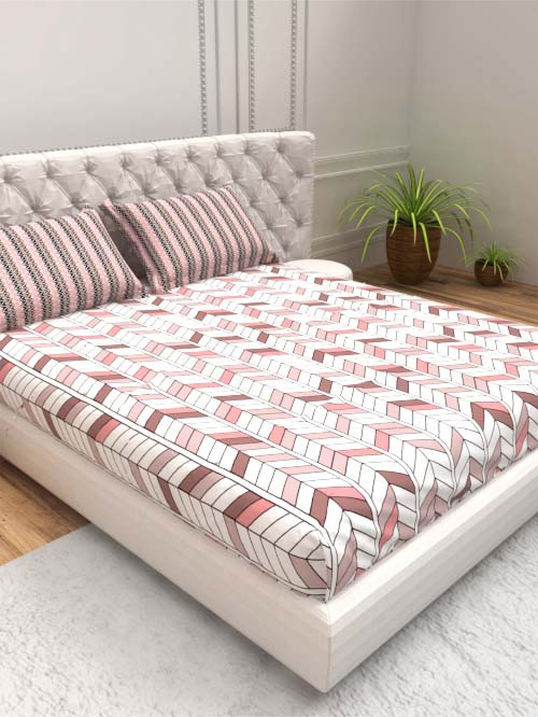 

THE WHITE MOSS White & Brown Pure Cotton Queen Bedsheet with 2 Pillow Covers