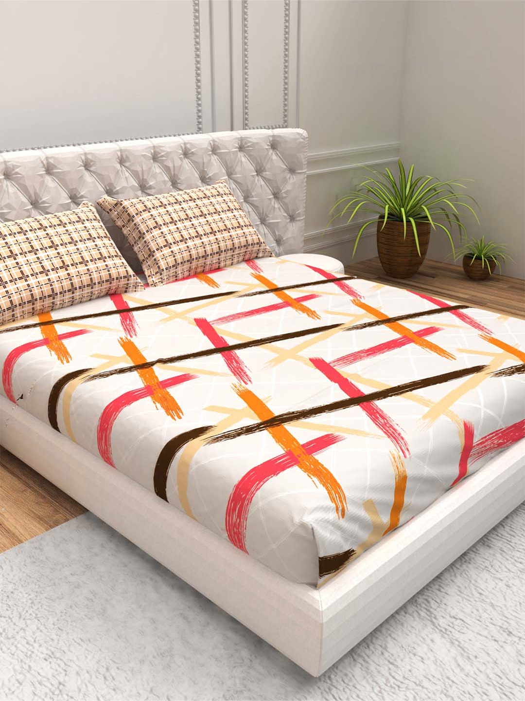 

THE WHITE MOSS White Geometric 140 TC Pure Cotton Queen Bedsheet with 2 Pillow Covers