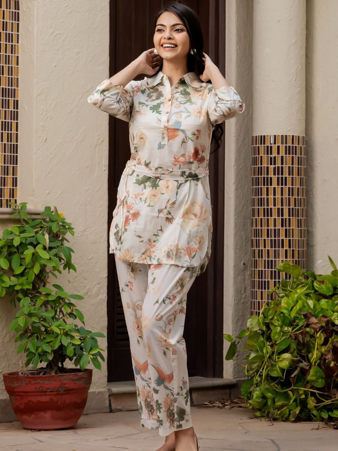 

PRETTY PALLU Printed Pure Cotton Tunic With Trouser Co-Ords, White