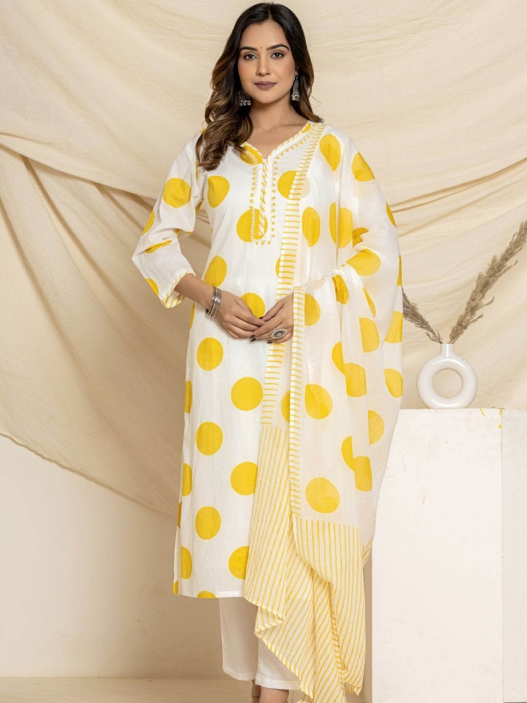 

PRETTY PALLU Geometric Printed Thread Work Pure Cotton Kurta With Palazzos & Dupatta, White