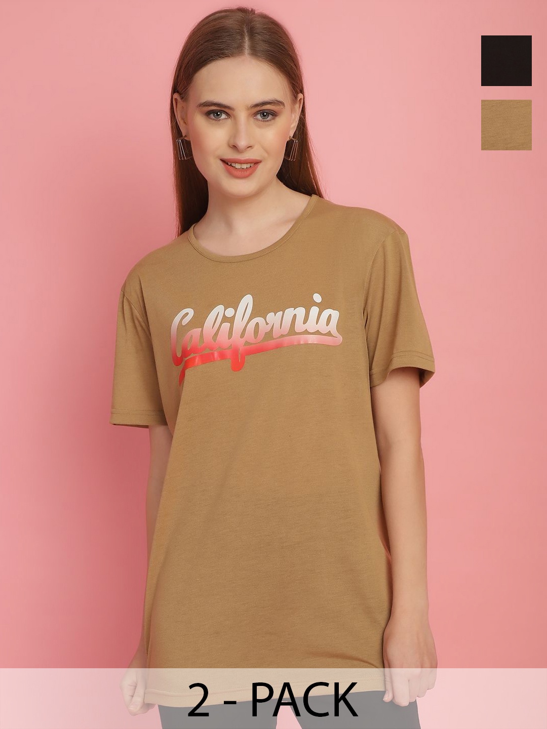 

MACK JONNEY Women Pack Of 2 Typography Printed Oversized T-shirts, Brown