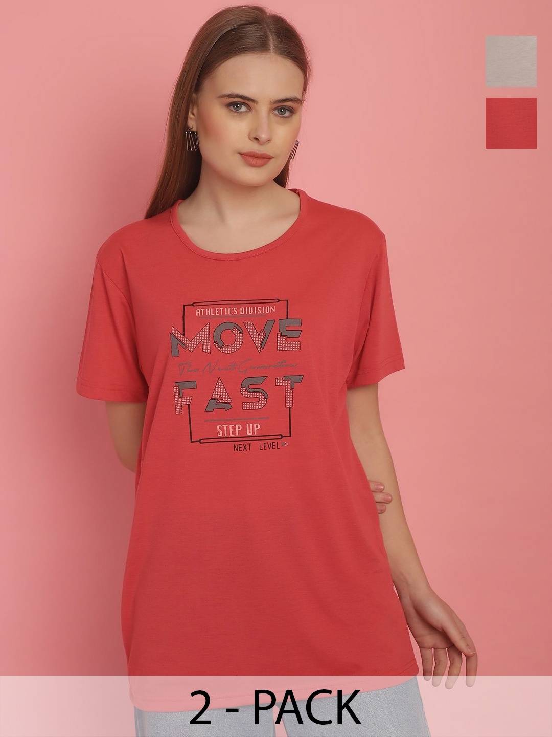

MACK JONNEY Women Pack Of 2 Printed Round Neck T-shirt, Red