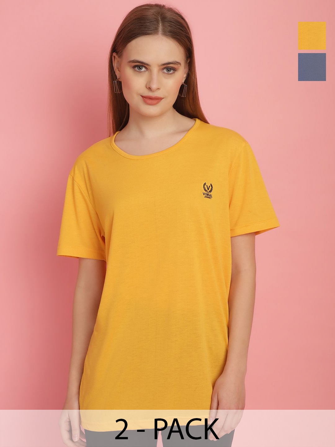 

VIMAL JONNEY Women Pack Of 2 Solid Round Neck T-shirt, Yellow