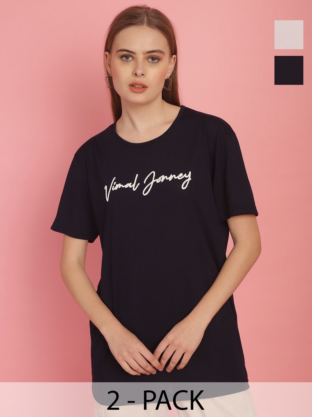 MACK JONNEY Women Pack Of 2 Printed Round Neck T-shirt, Black