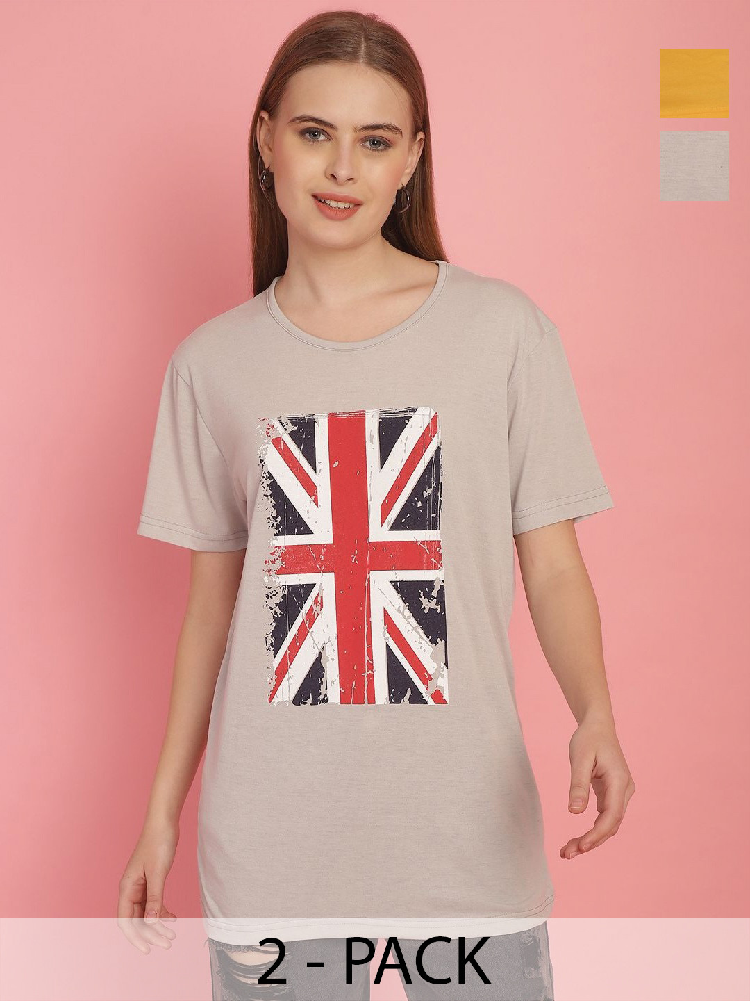 

MACK JONNEY Women Pack Of 2 Printed Round Neck T-shirt, Beige