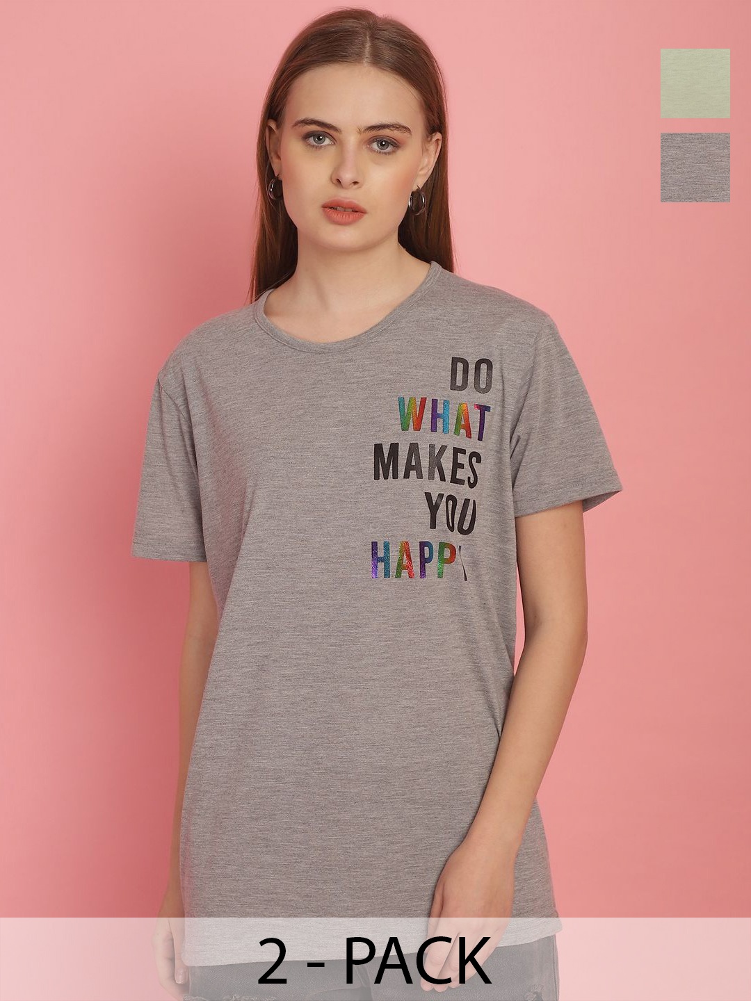 

MACK JONNEY Women Pack Of 2 Printed Round Neck T-shirt, Grey