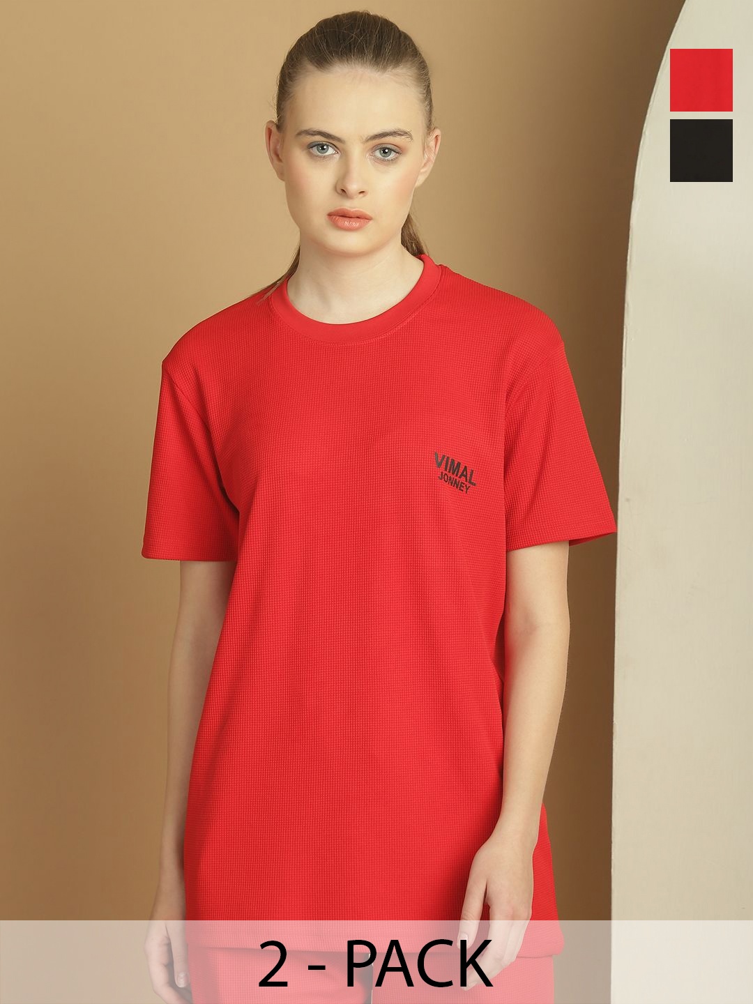 

MACK JONNEY Women Pack Of 2 Solid Round Neck T-shirt, Red