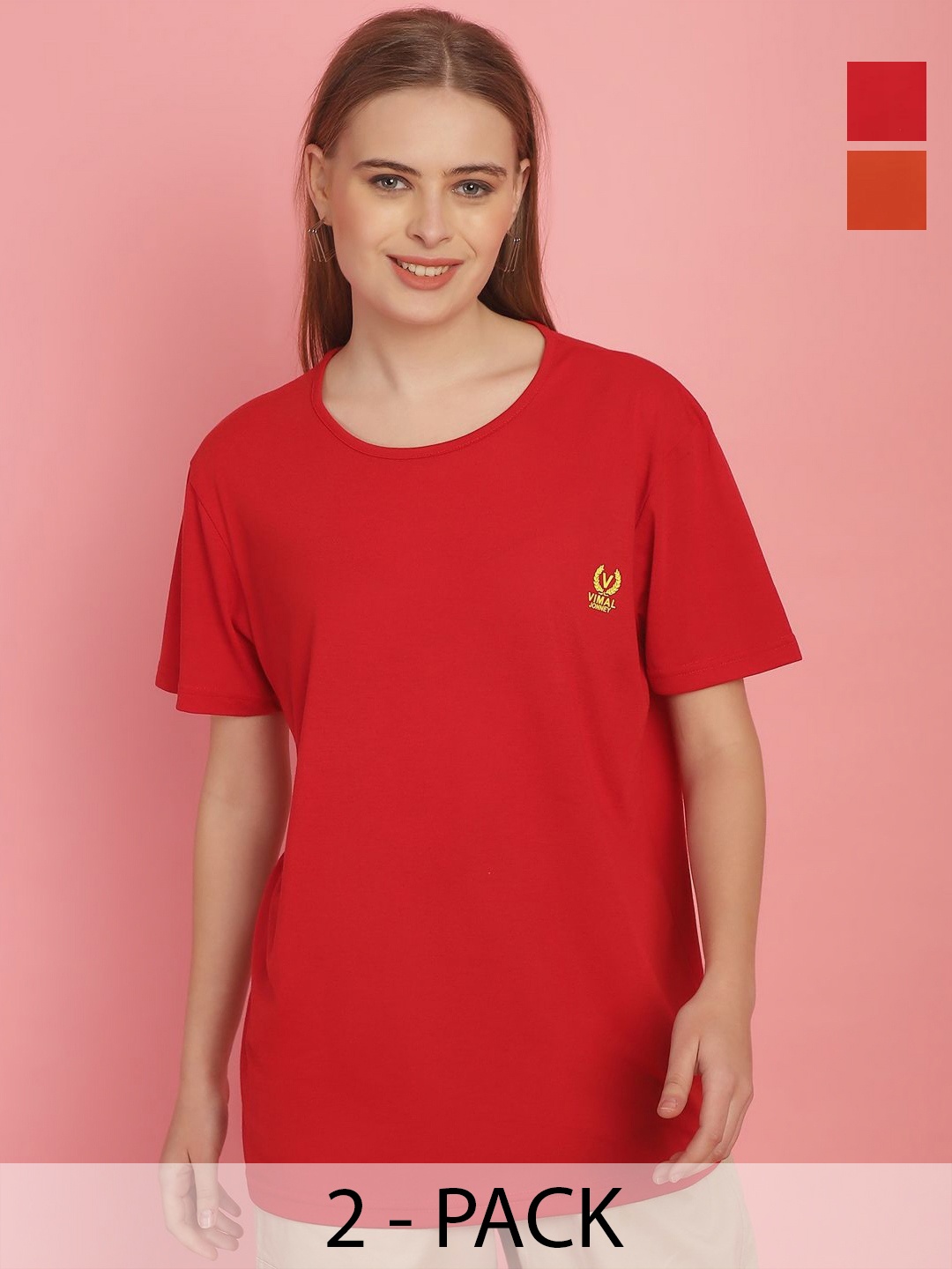 

MACK JONNEY Pack Of 2 Women Solid Round Neck T-shirt, Red