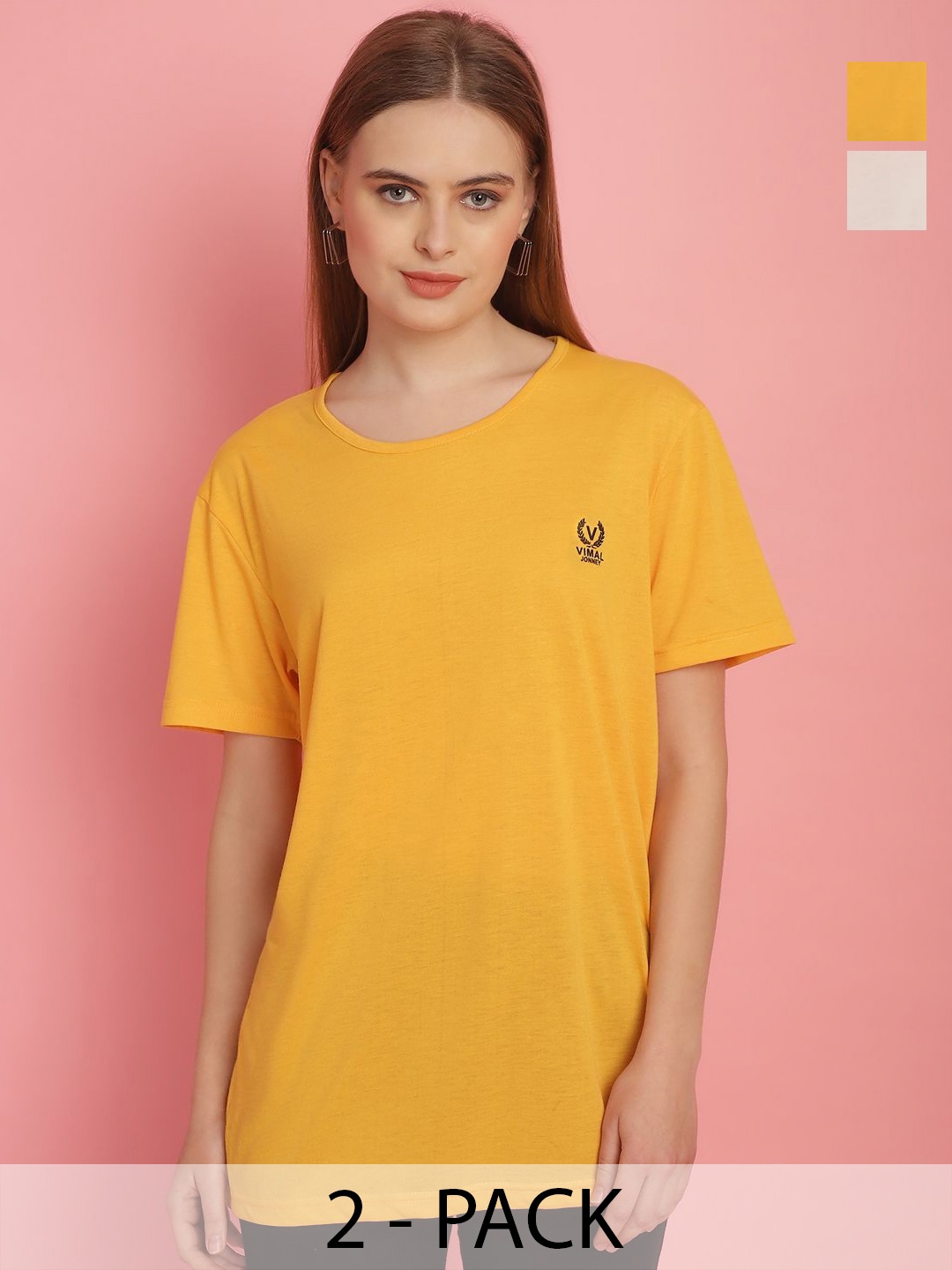 

MACK JONNEY Women Pack Of 2 Solid Round Neck T-shirt, Yellow