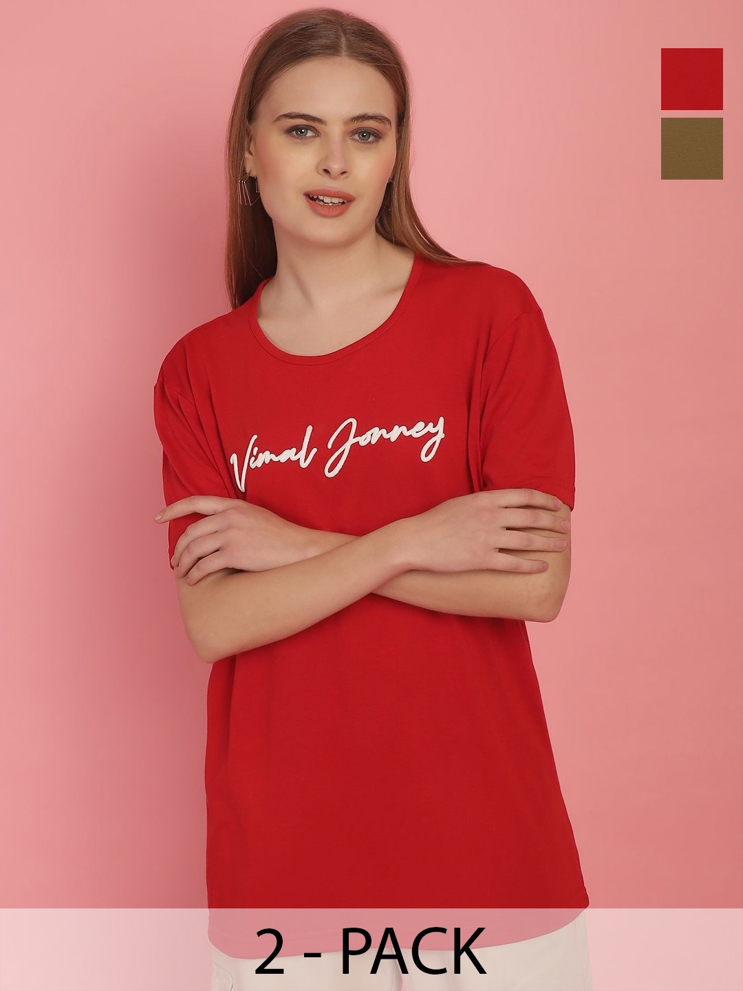 

VIMAL JONNEY Women Pack Of 2 Printed Round Neck Oversized T-shirts, Red