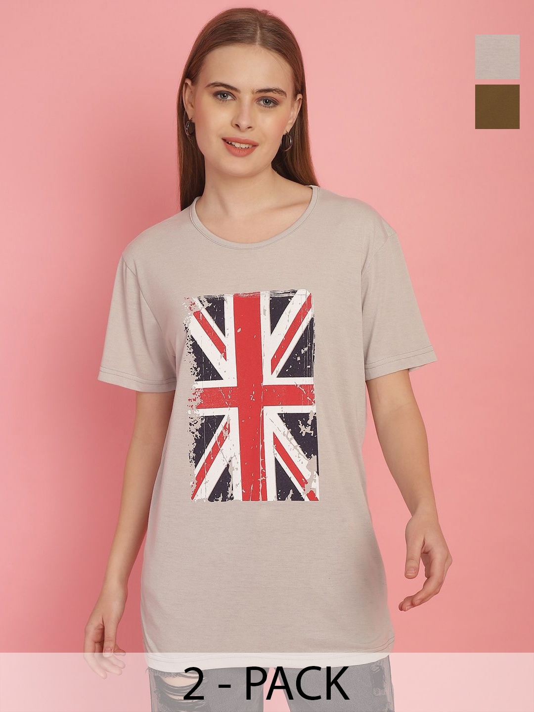 MACK JONNEY Women Pack Of 2 Printed Oversized T-shirts, Beige
