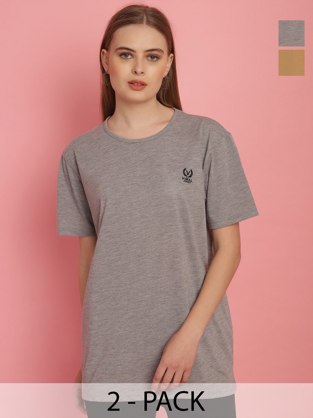 

MACK JONNEY Women Pack Of 2 Solid Round Neck Oversized T-shirts, Grey