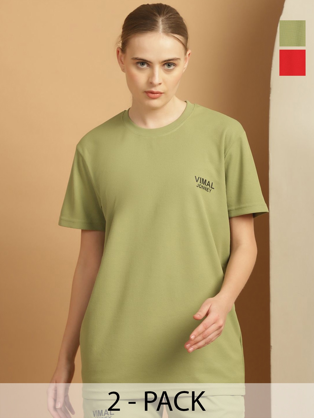 

MACK JONNEY Women Pack Of 2 Solid Round Neck T-shirts, Olive