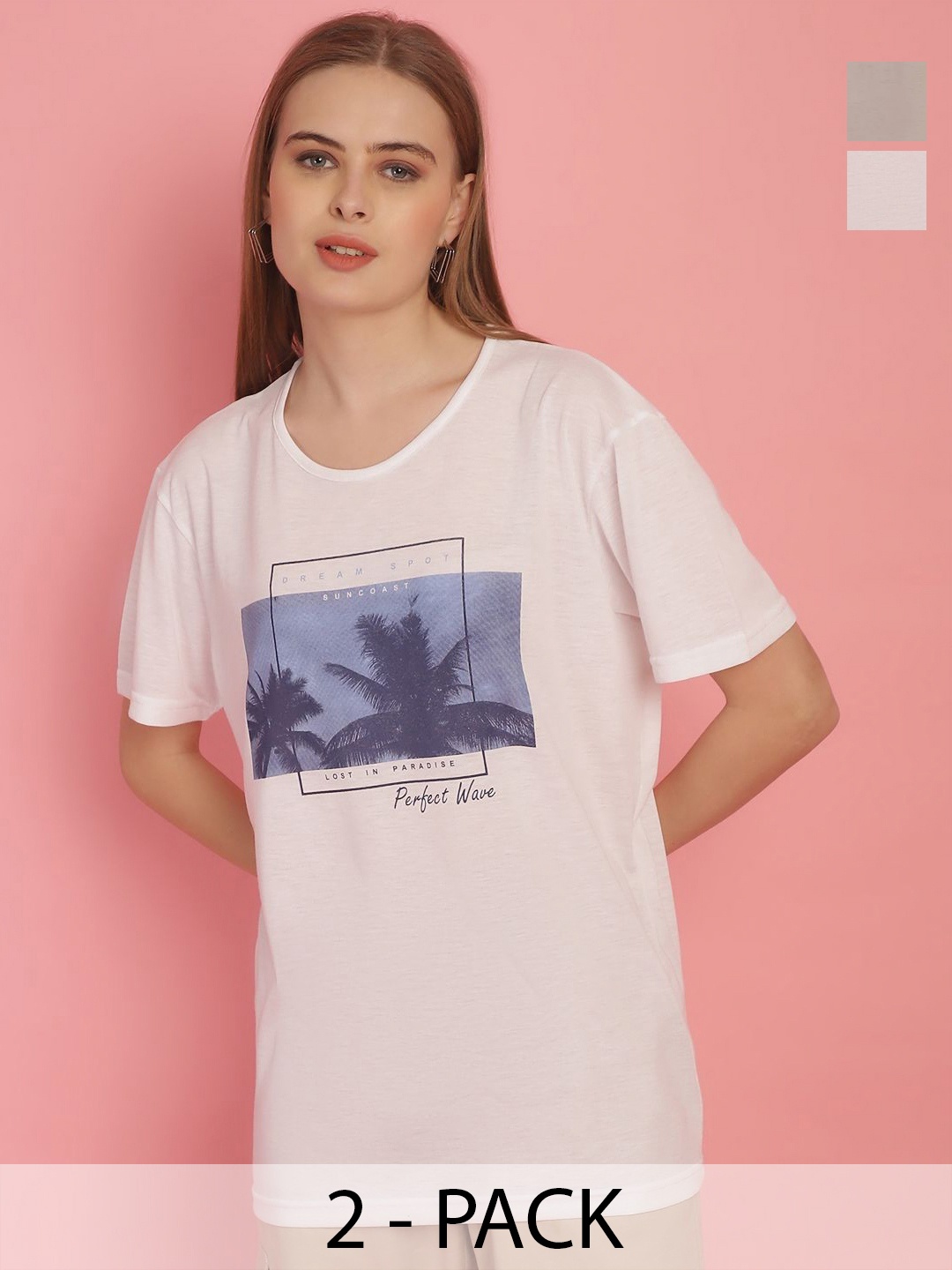 MACK JONNEY Women Pack Of 2 Printed Round Neck Cotton T-shirts, White