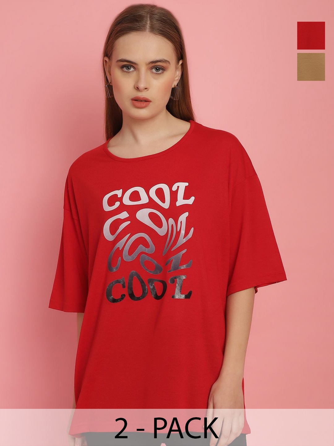 

MACK JONNEY Women Pack Of 2 Printed Round Neck Oversized T-shirts, Red