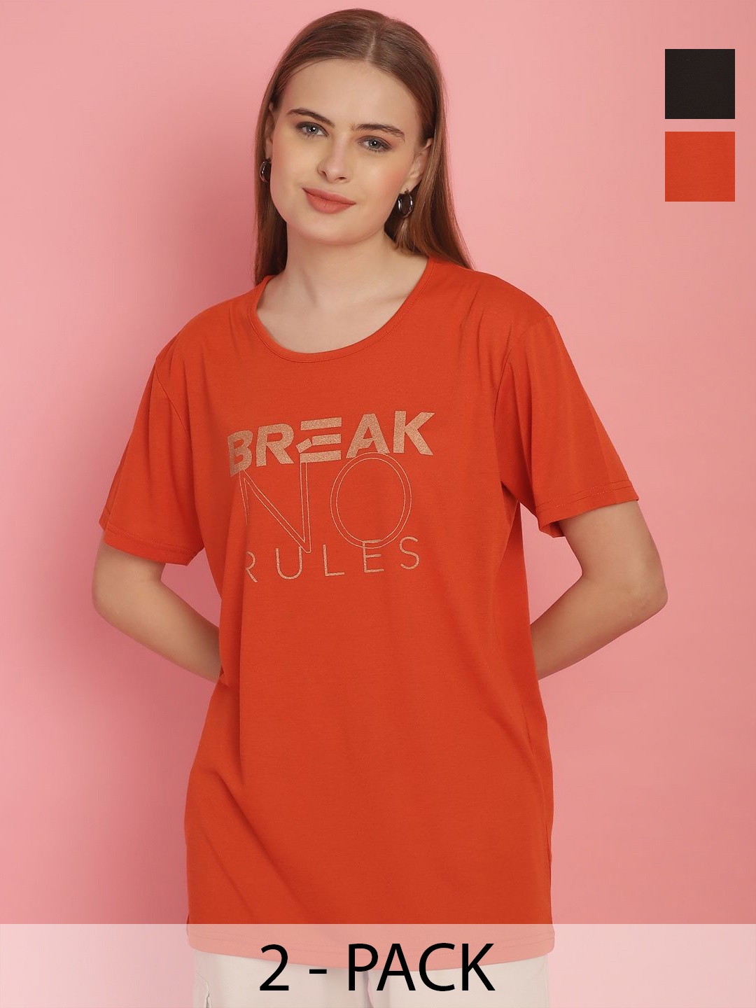

MACK JONNEY Women Pack Of 2 Printed Round Neck Oversized T-shirts, Orange
