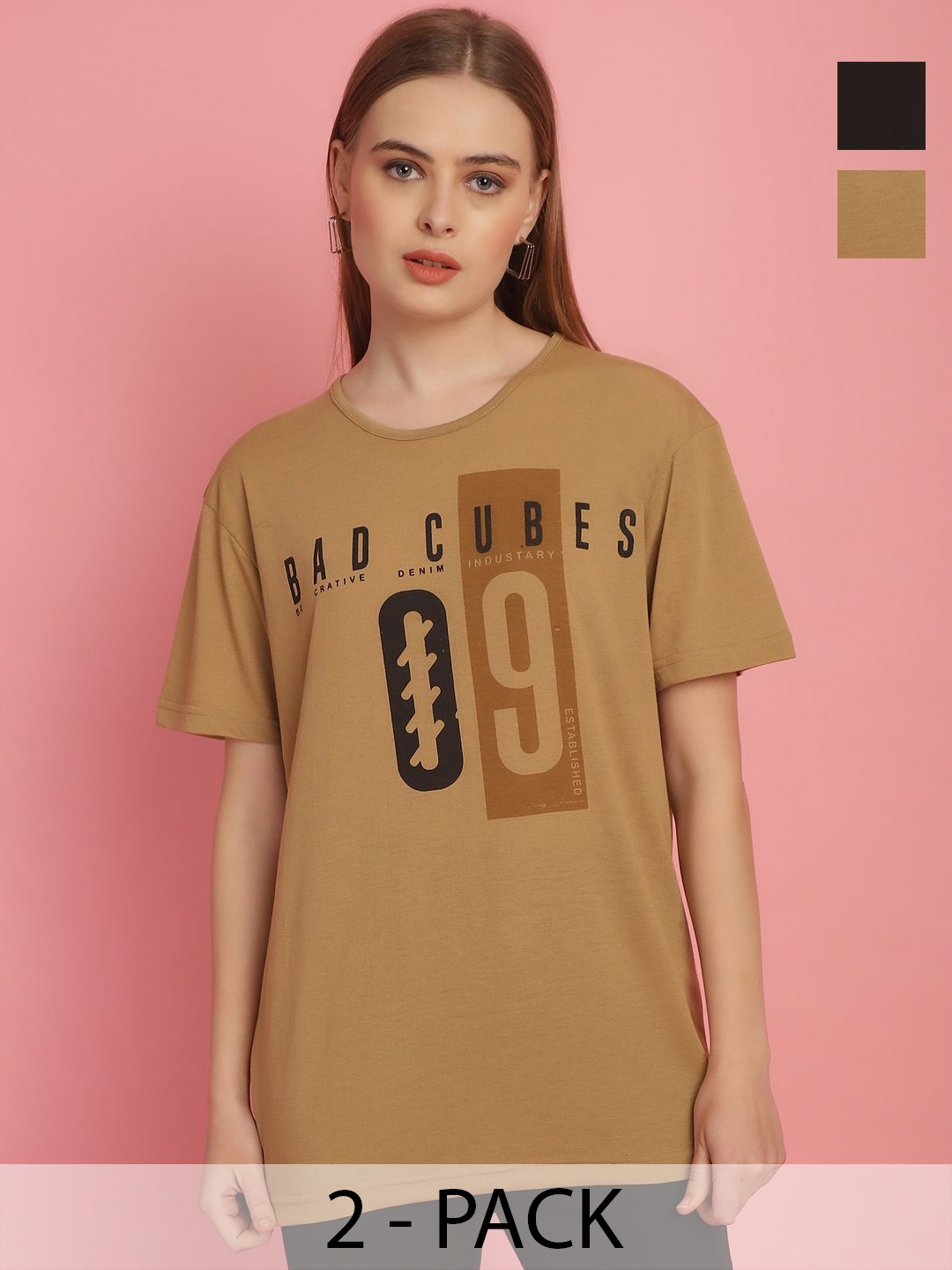 

MACK JONNEY Women Pack Of 2 Printed Oversized T-shirts, Brown