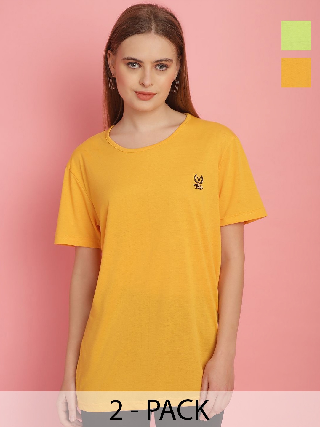 

VIMAL JONNEY Women Pack Of 2 Solid Oversized T-shirts, Yellow