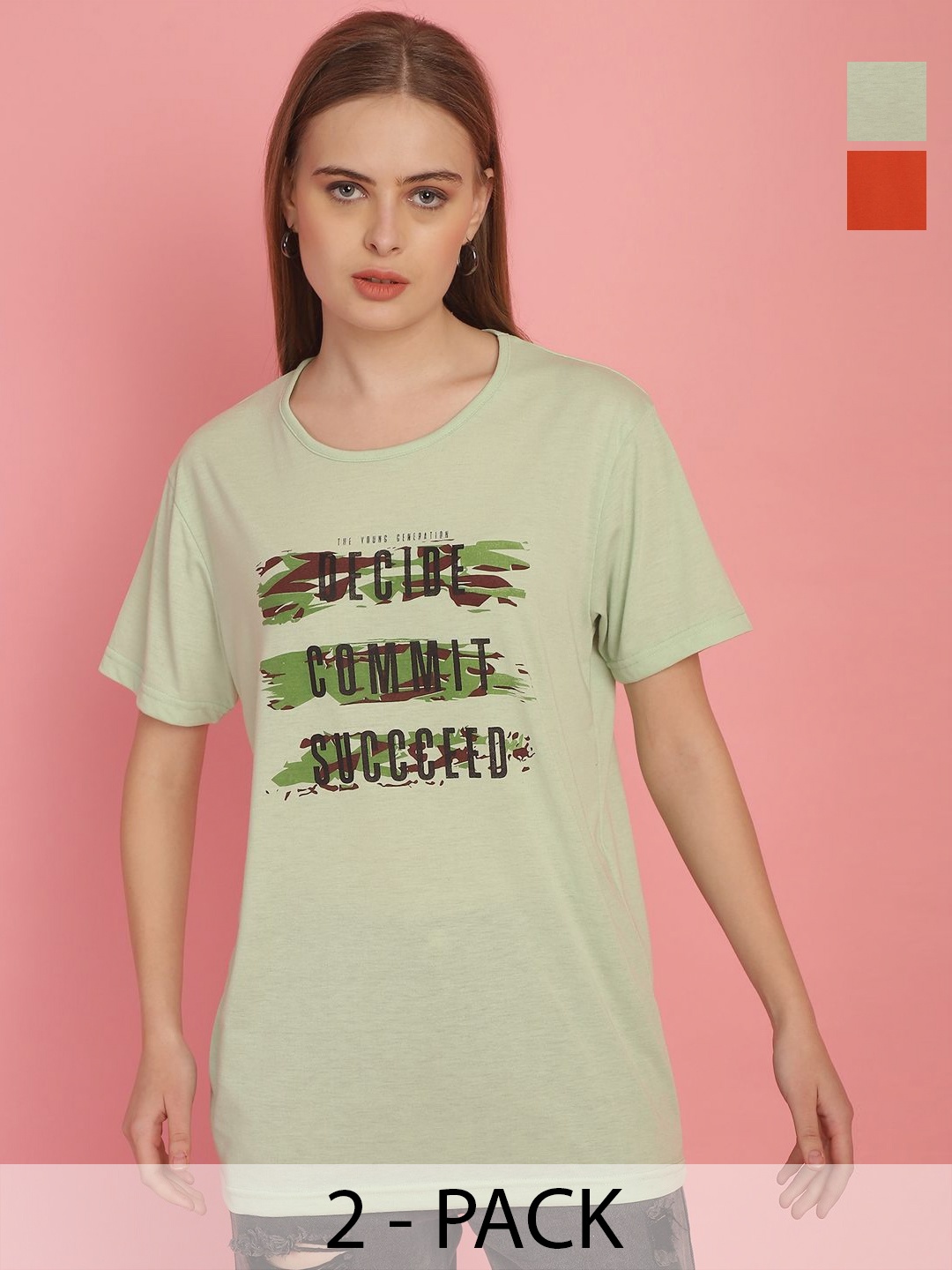 

MACK JONNEY Women Pack Of 2 Printed Oversized T-shirts, Green