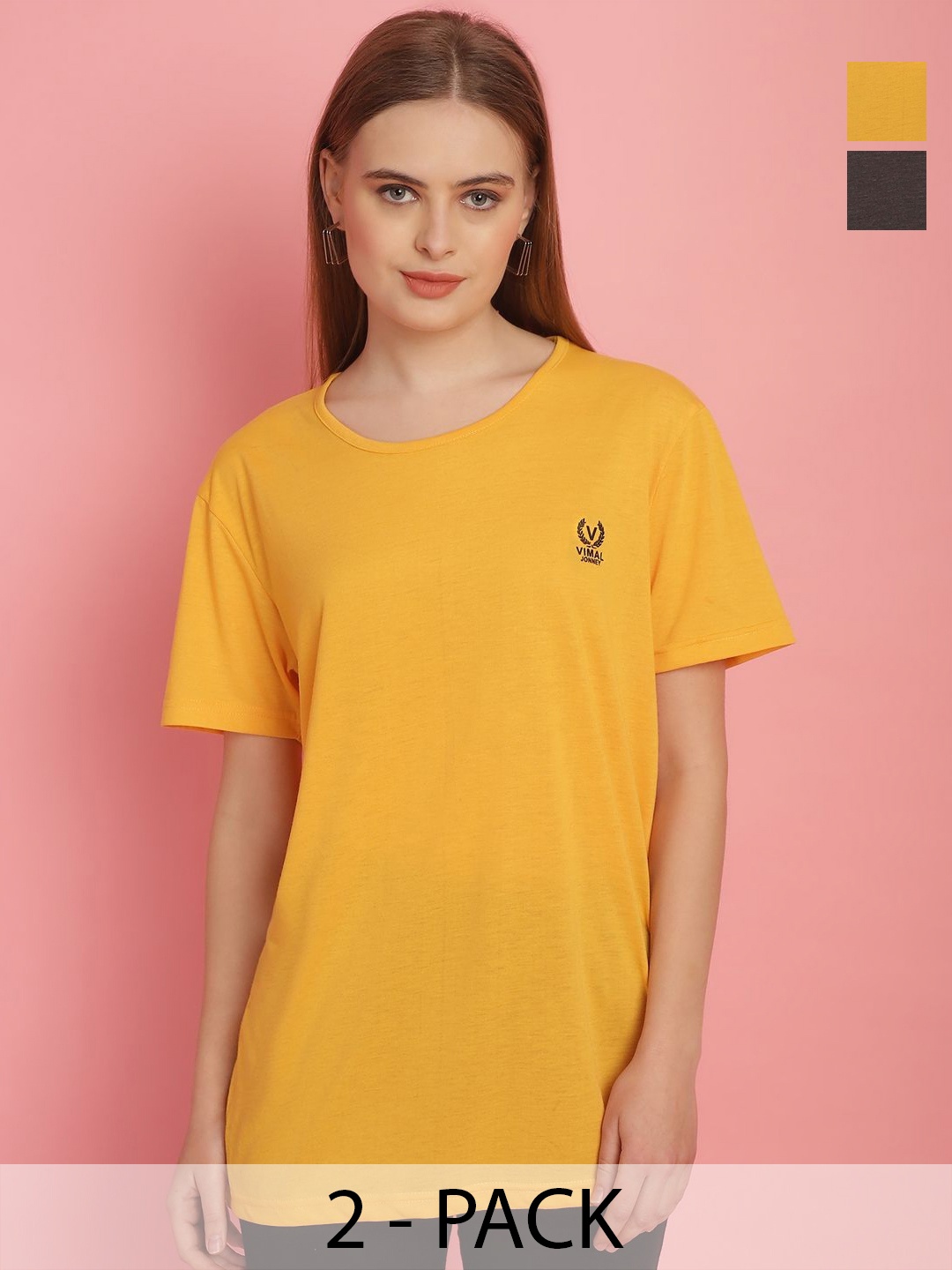 

MACK JONNEY Women Pack Of 2 Solid Oversized T-shirts, Mustard