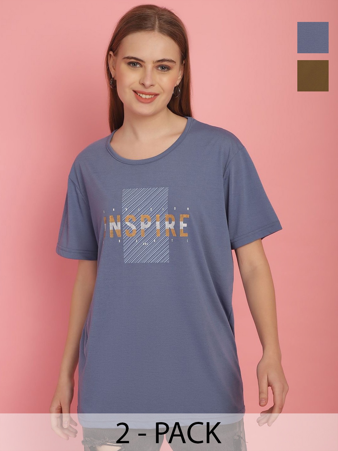 

MACK JONNEY Women Pack Of 2 Printed Oversized T-shirts, Blue