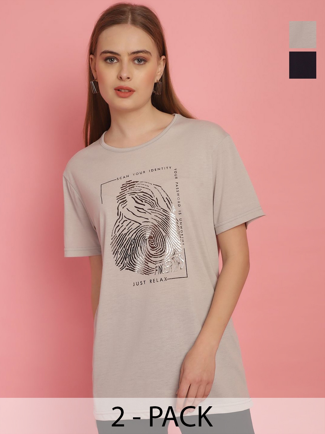 

MACK JONNEY Women Pack Of 2 Printed Oversized T-shirts, Beige